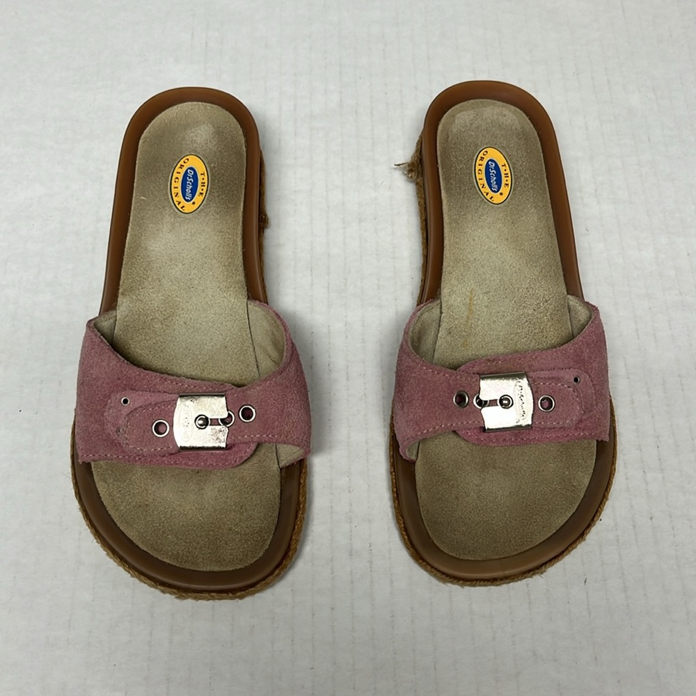 Heaven Dr. Scholl’s Pink Suede buckle Espadrille Slides Vintage Y2K Sandals sz 6 - Picture 2 of 12